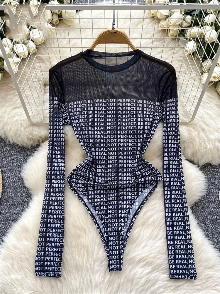Frauen Sexy Damen Bodys Frauen Lange Ärmel Transparent Brief Gedruckt Chic Mode Schlank Hotsweet Mesh Playsuits Mode Neue