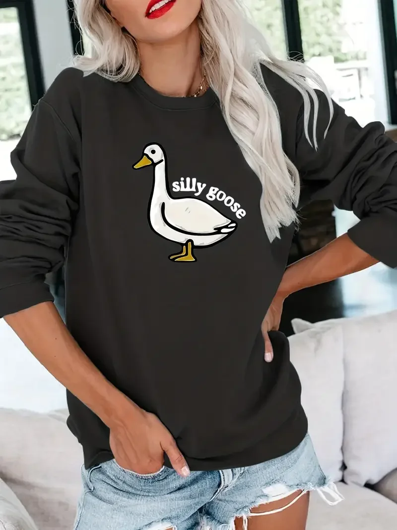 Silly Goose Print Pullover Sweatshirt, Casual Long Sleeve Crew Neck Sweatshirt, Women's Clothing