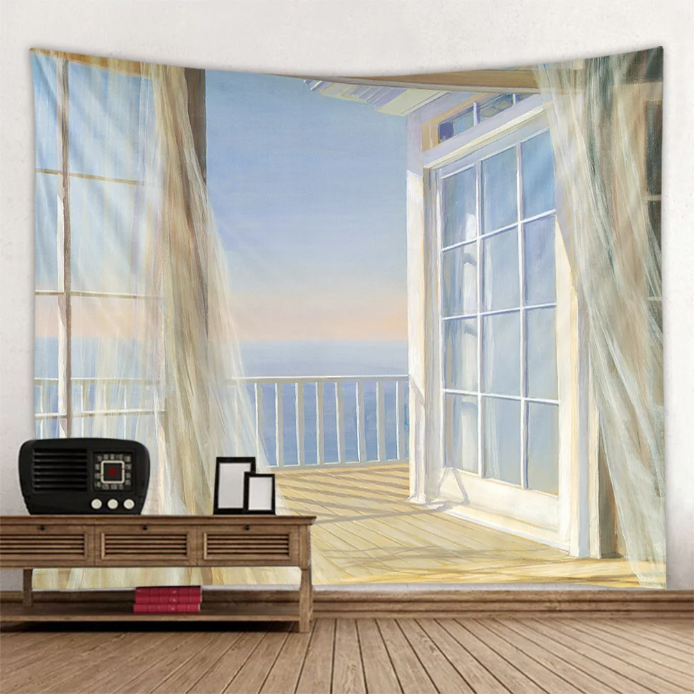 Window view tapestry, wall hanging, oil painting art, home decor, art decoration, hippie, living room, bedroom background cloth