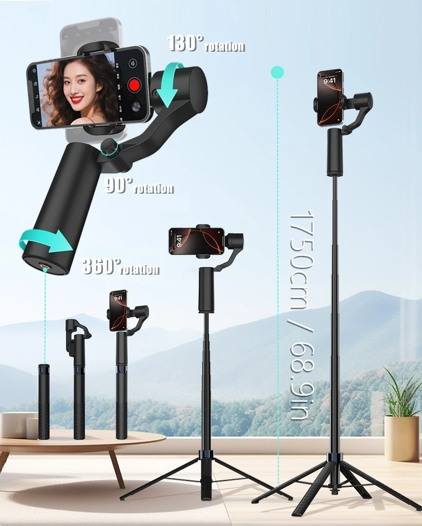 2 Axis Gimbals for Mobile Phone, 360 Auto Tracking Rotation Selfie Stick with 175cm Extendable Rod & Bluetooth Remote Shooting