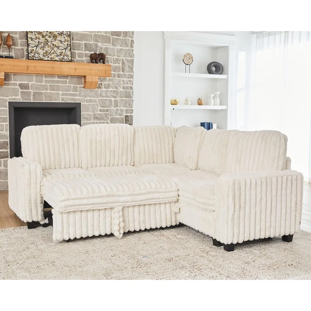 

Plush Corduroy Modular Sectional Sofa with Pull Out Bed Convertible Small Sectional Corner Couch for Living Room White Couch