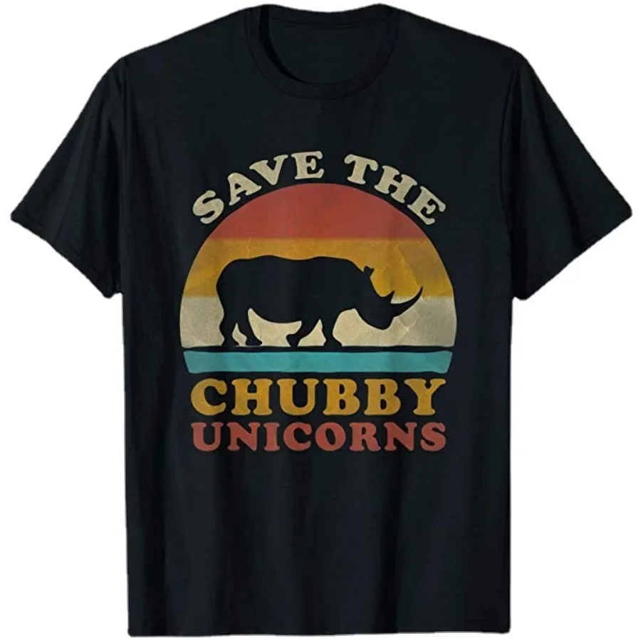 

harajuku Retro Vintage Sunset Save The Chubby Unicorns Fat Rhino T-Shirt Summer Cotton Short Sleeve O-Neck Men's T Shirt S-5xl