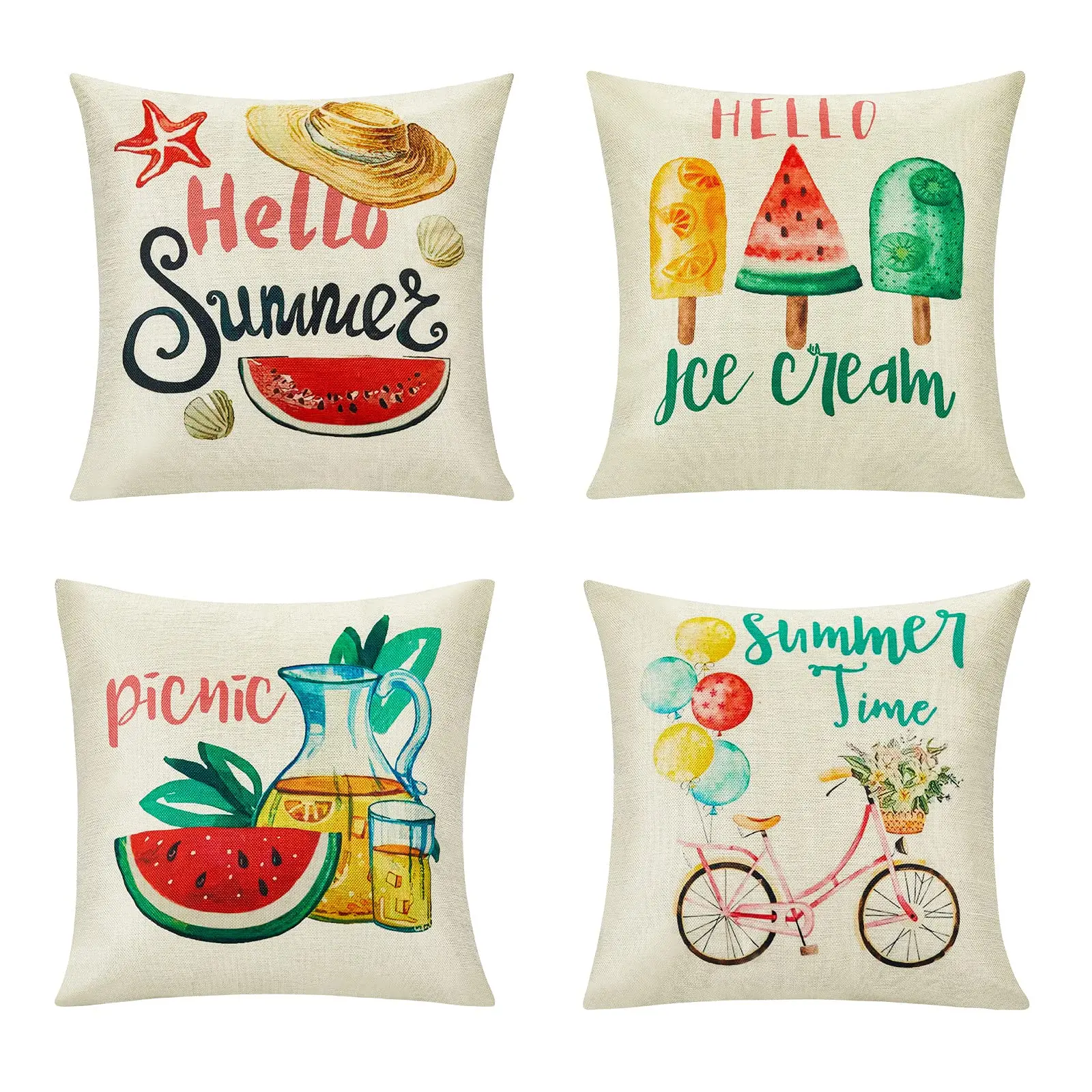 

Summer pillow cover for sofa and bedroom, set of 4 parts, watermelon design, boho style