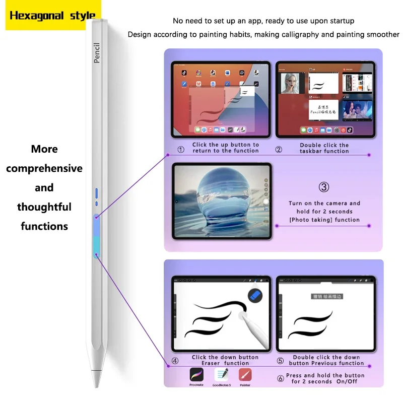 Tablet Stylus Pen for Apple Pencil 1 2 Palm Rejection Tilt Sensitivity for iPad Active Pen Smart Button Pro Air Mini 2018-2023