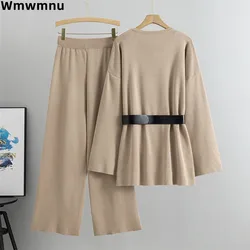 Fall Winter Knitted Women Basic 2 Piece Sets  With Belt O-neck Sweater Coats Tops Outfit   Casual High Waist Wide Leg Pants Suit