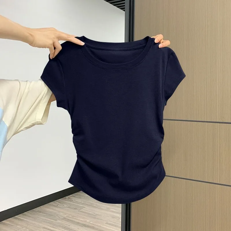Summer Women's Threaded Waist Cinched O-shaped Hem Slim Irregular Short Sleeved Top for Women Clothing  Tops