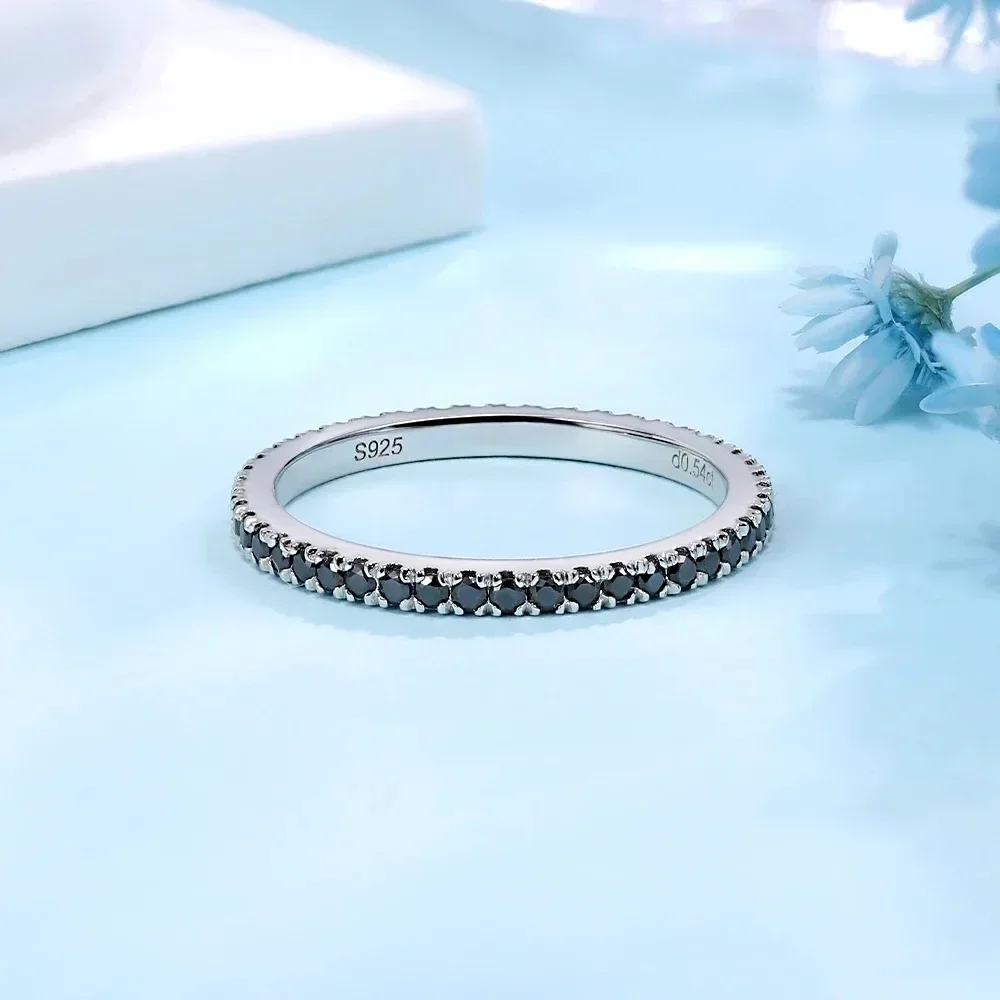 1.4mm Black Moissanite Ring S925 Sterling Silver Wedding Band for Women 18K White Gold Plated Lab Diamond Rings Fine Jewelry