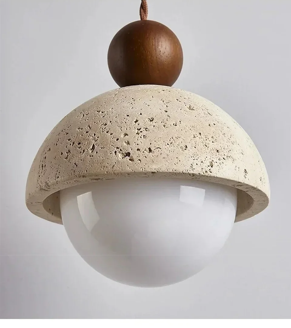 Natural Cave Stone Pendant Light LED Yellow Travertine Bedside Hanging Lighting Fixture for Restaurant Bedroom Living Room Decor