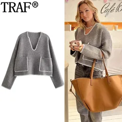 TRAF 2024 Grey Cropped Sweaters For Women Autumn Winter Pockets Oversize Sweater Woman Jumper Long Sleeve V-Neck Pullovers