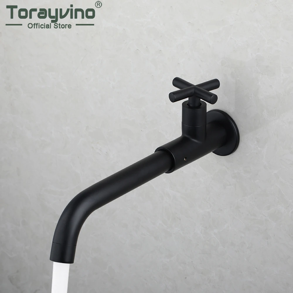 Torayvino Outside Bathroom Faucet Wall Mounted Slim Stainless Steel Tap Washbasin Sink Single Cold Water Basin Crane Taps