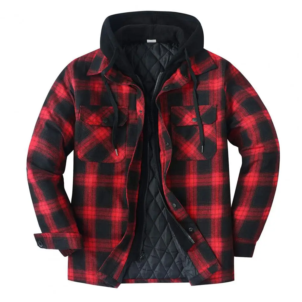 Red Black Hooded Plaid Western Cowboy Winter Shirt Jacket for Men Fleece Linend Flannel Casual Warm Checkered Shirt Male