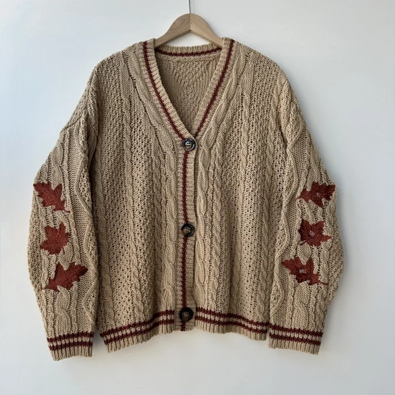 Spring High-end Red Style Maple Leaf Pattern Embroidered Cardigans Women Winter Female Warm Thick Y2K Cardigan Knitwear Sweater