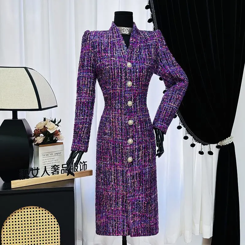 الفاخرة عالية الجودة الوقوف طوق تويد خندق معطف طويل الأكمام منتصف طول سترة واقية سليم صالح المرأة معطف واحدة الصدر #2