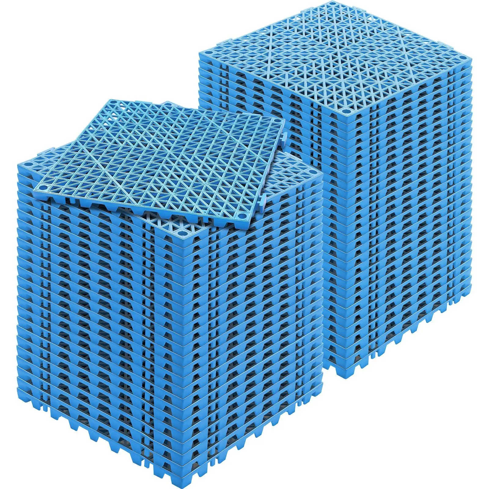 

"55-Pack 12"x12" Interlocking Drain Tiles – PVC for Wet Areas/Pools (Non-Slip, Blue)."