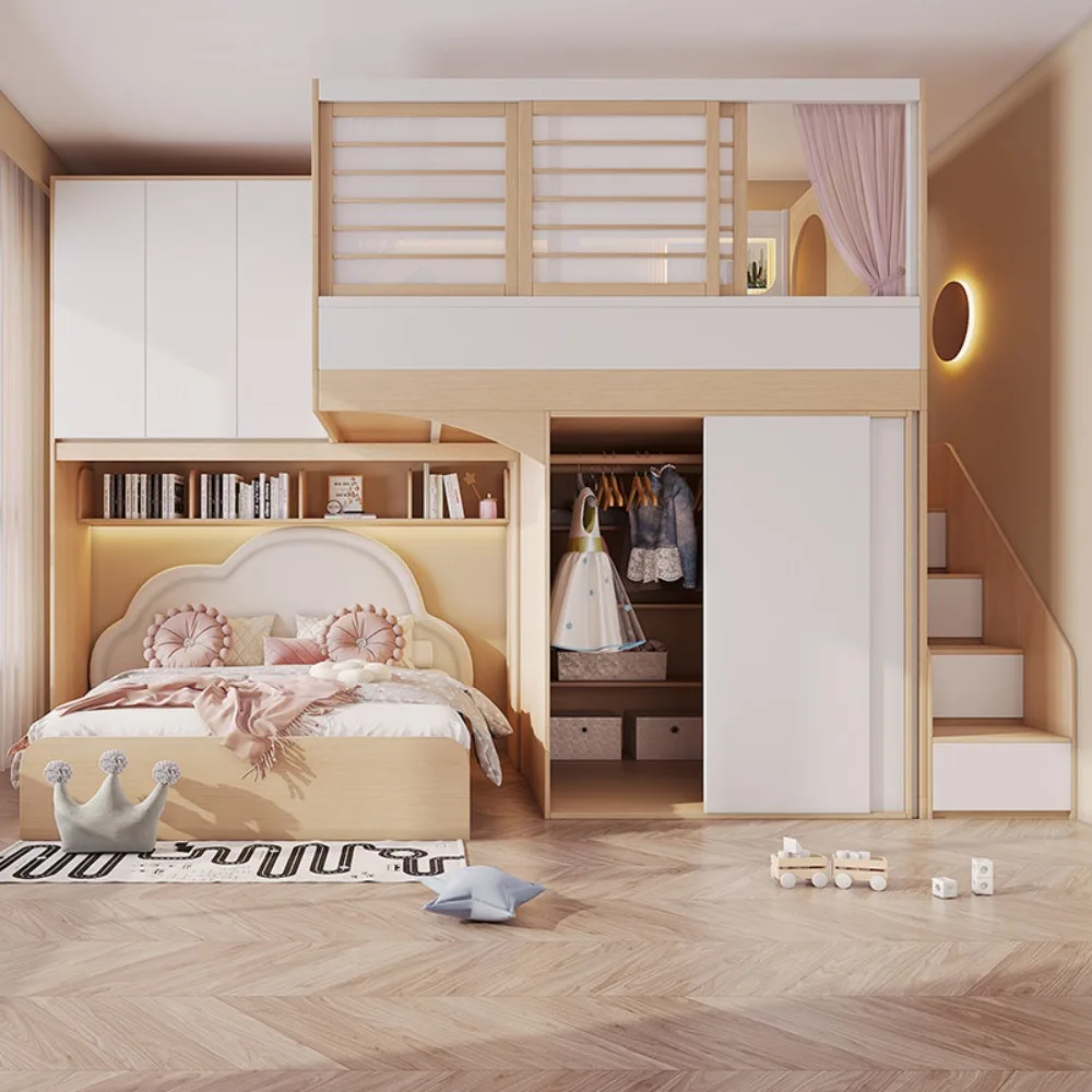 Staggered Loft Bed with Sofa and Wardrobe Separated High Low Sleeper Twin Bed Frame Space Saving Furniture for Small Room