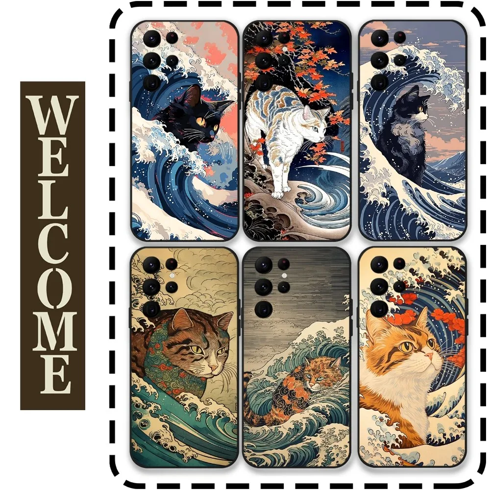 

The Great Wave of Kanagawa Cat Phone Case for Samsung Galaxy S24 Ultra S22 S23 Ultra S21 S20 5G Protective Silicone TPU Funda