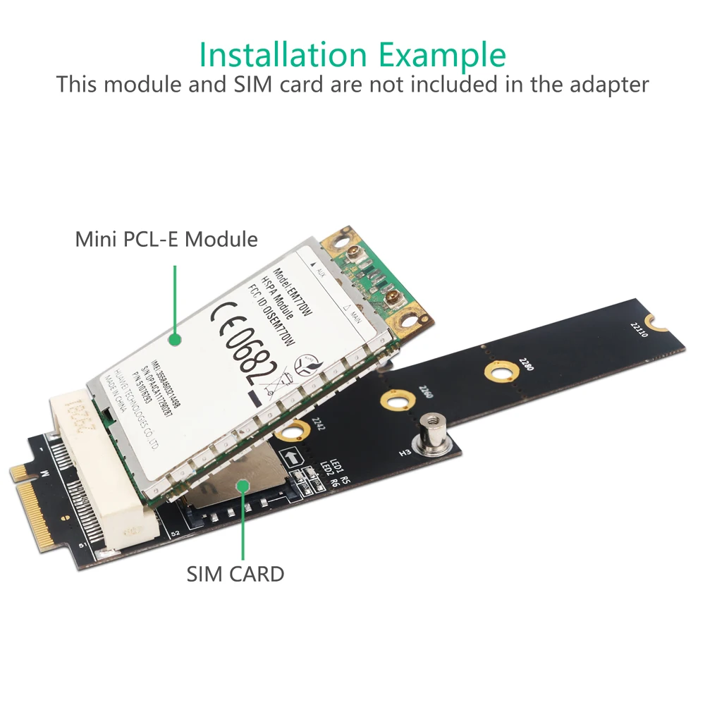 Adaptador de Placa de Rede Sem Fio para Módulo Wifi, Mini PCIE, NGFF Chave M, Suporte 2242, 2260, 2280, 22110 Tipo Slot, M.2