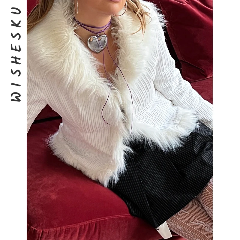 

Sexy V Neck Fur Feather Casual Cardigan Jackets Women Long Sleeve Ribbed Warm Coats 2024 Fall Winter Fairy Y2K Clothes