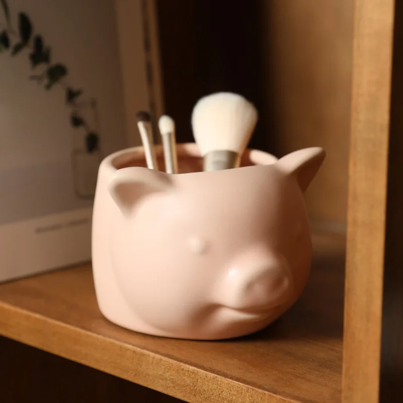 Modern Simple and Creative Ceramic Piglet Figurines Creative Makeup Brushes Storage Cylinders Desktop Home Decorations