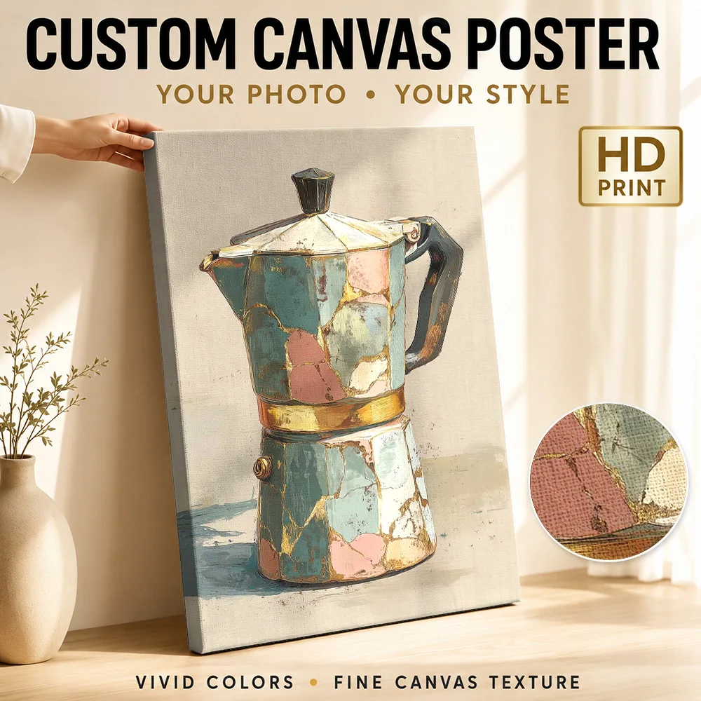 Gold Veined Moka Pot Canvas Print Personalized Photo Kintsugi Inspired Wall Art For Kitchen Breakfast Bar, Coffee Lover Gift