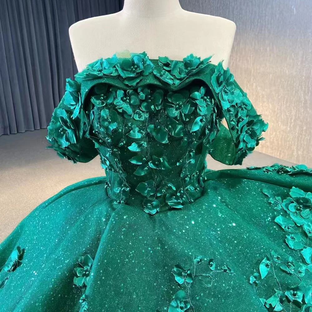 Sukienka Quinceanera Princess Green, bez ramiączek, z odkrytymi ramionami, sznurowana z tyłu, z aplikacjami, z możliwością dostosowania rozmiaru, idealna na specjalne okazje.