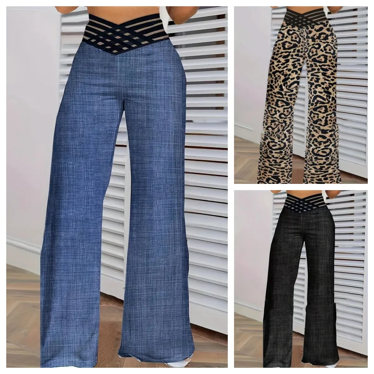 Women Flared Pants Elegant Office Lady Casual High Waist Trousers Spring Summer Solid Crisscross Sheer Mesh Patch Wide Leg Pant