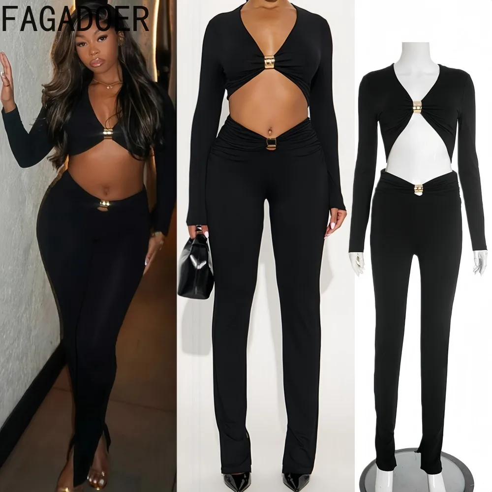 

FAGADOER Sexy Hollow-out Bodycon Jumpsuits Two Piece Outfits Woman Solid Color Deep V-neck Crop Top and Pants Female Streetwear