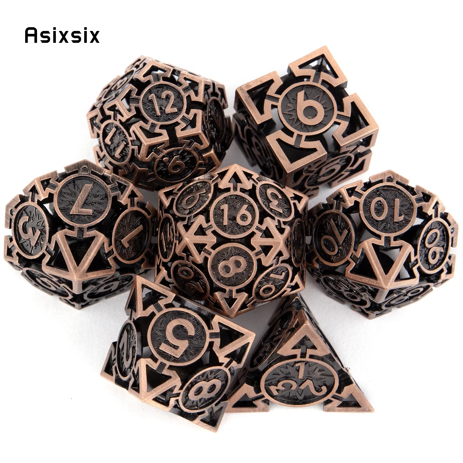 

7 Pcs Copper Metal Dice Circular Hollow Metal Polyhedral Dice Set Suitable for Role-Playing RPG Board Game Card Game