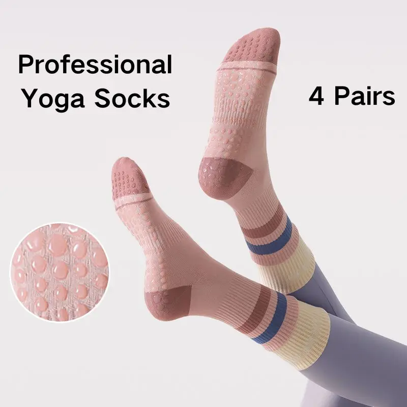 

4 пары комплектов, профессиональные носки для йоги для женщин, чесаные хлопковые противоскользящие спортивные носки средней длины, носки для фитнеса, пилатеса