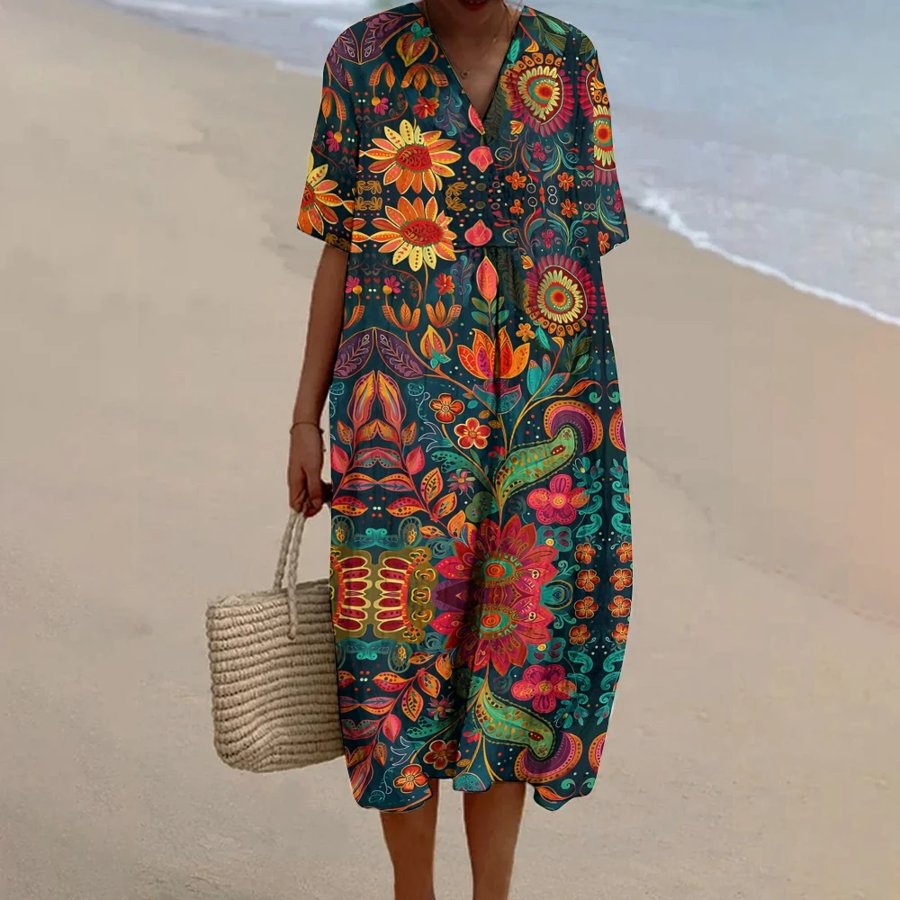 Women's V-Neck Sunflower Print Long Dress, Vintage, Casual, Loose, Flower, Robe, Women's Clothes, Beach, Party, Vacation