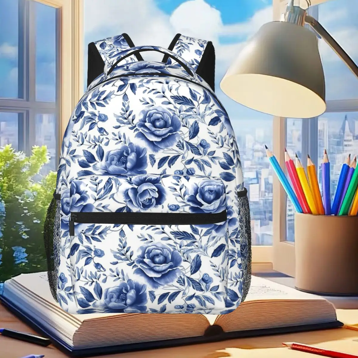 Vintage Blue Rose Pattern Backpack Student Boys Girls BookBag Kids School Bag Laptop Shoulder Bags for Men Women