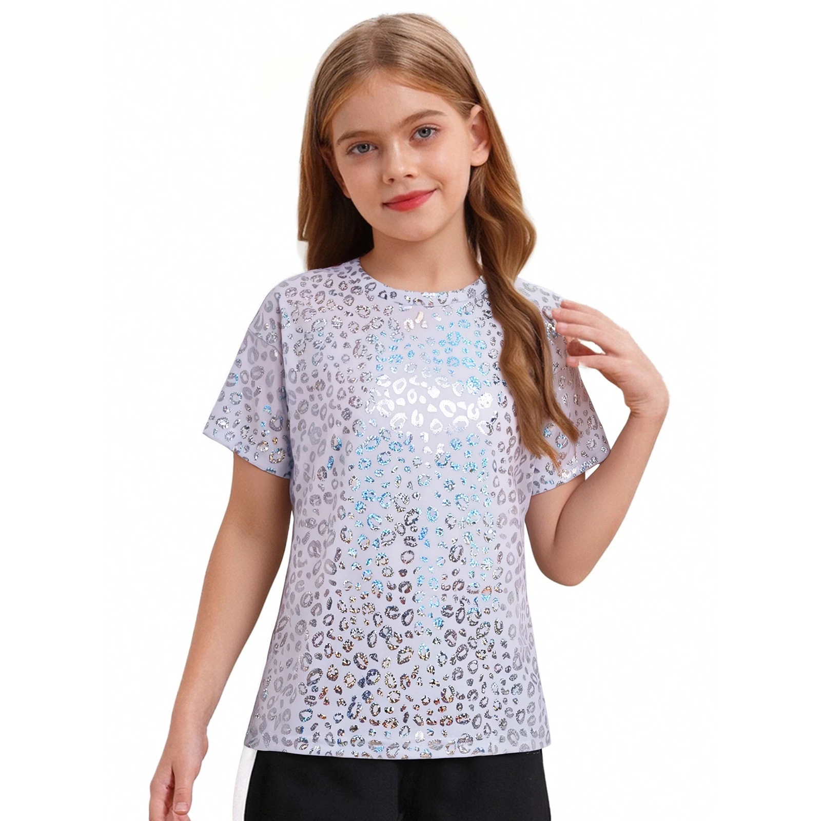 

Kids Girls Metallic Leopard Print T-shirt Round Neck Short Sleeve Top Hip Hop Disco Streetwear Party Stage Performance Costume
