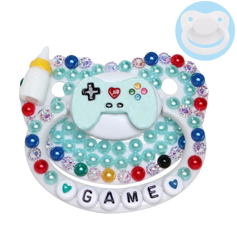 100% Handmake Cute Milk Bottle Game Pattern Blue Adult Baby Pacifier Silicone Adult size Pacifier abdl Daddy Girl