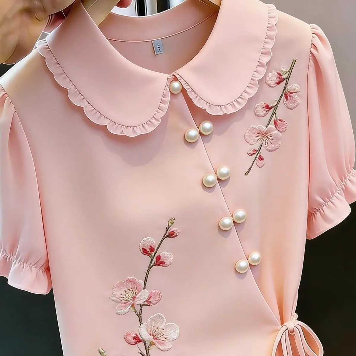 Chinese Style Embroidered Tie-up Shirt 2026 Summer Women Short Sleeve T-shirt Female Elegant Pink Shirt Office Lady Base Shirt view 5