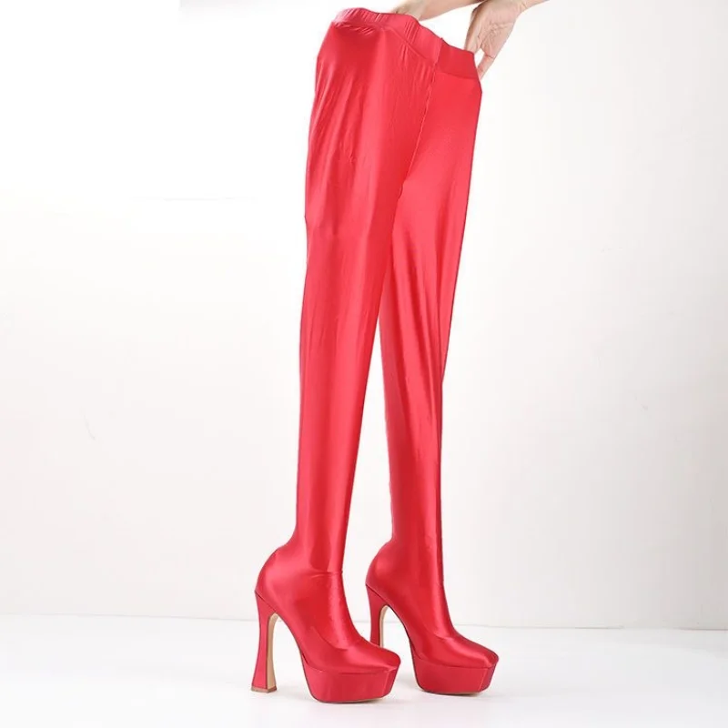Large Size  Super High Heel Platform Sexy Women's Chunky Heel over-the-Knee Boots One-Piece Boots Elastic Pants Boots