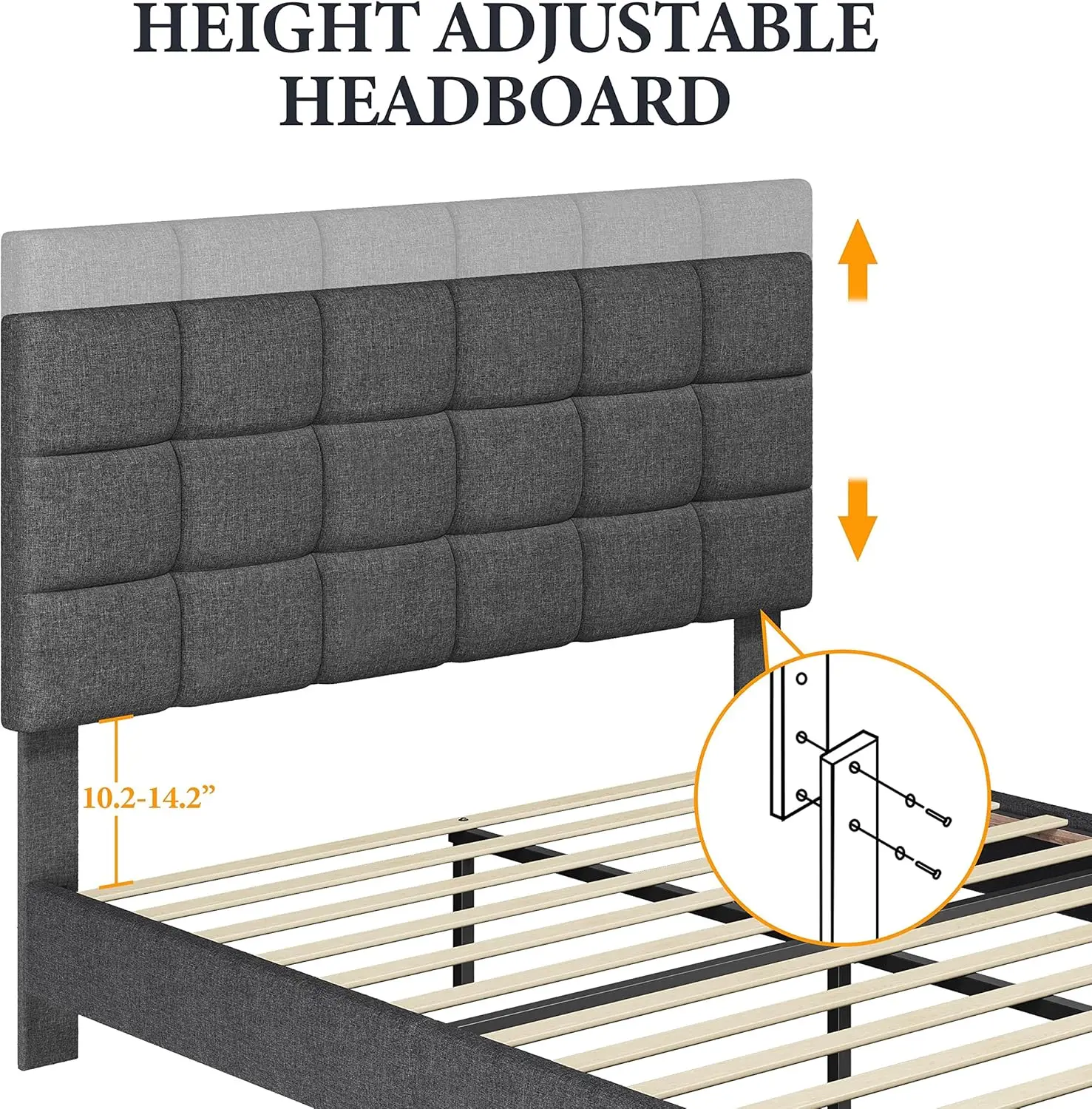 Zacht Gewatteerd Bedframe, Platform Bedframe Met Verstelbaar Hoofdeinde, Stevige Houten Steun, Geen Boxsprings Nodig, Donkergrijs