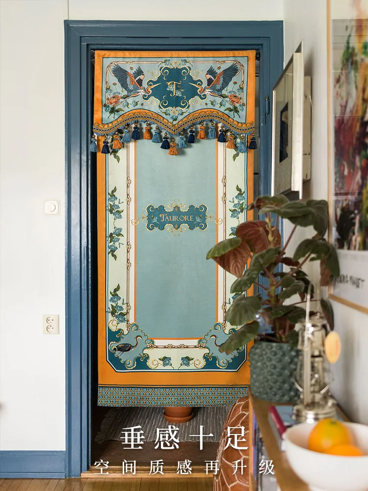 

Door curtain bedroom retro windproof windshield partition free punching American light luxury cloth