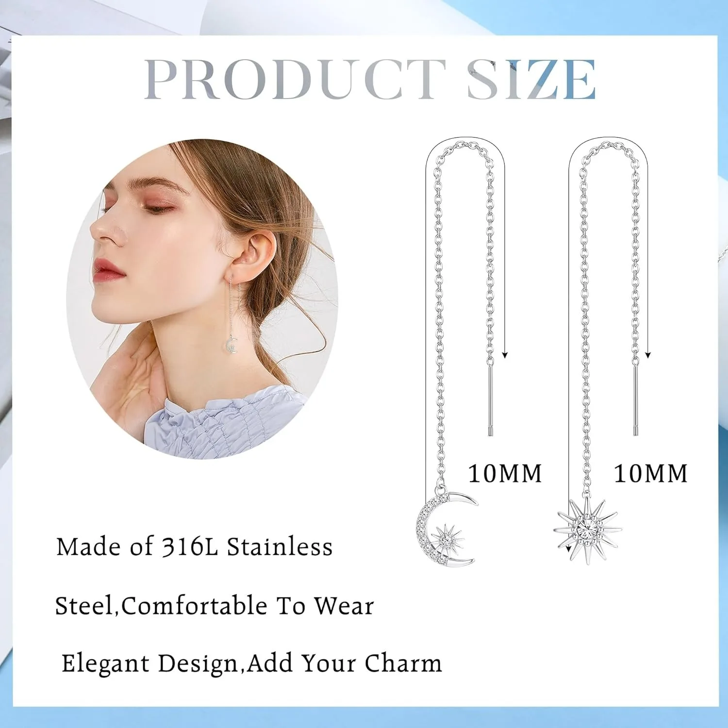 Drperfect 9 Pairs Threader Earrings for Women Stainless Steel Chain Tassel Earrings Twist  Heart Moon Leaf Drop Earrings Set