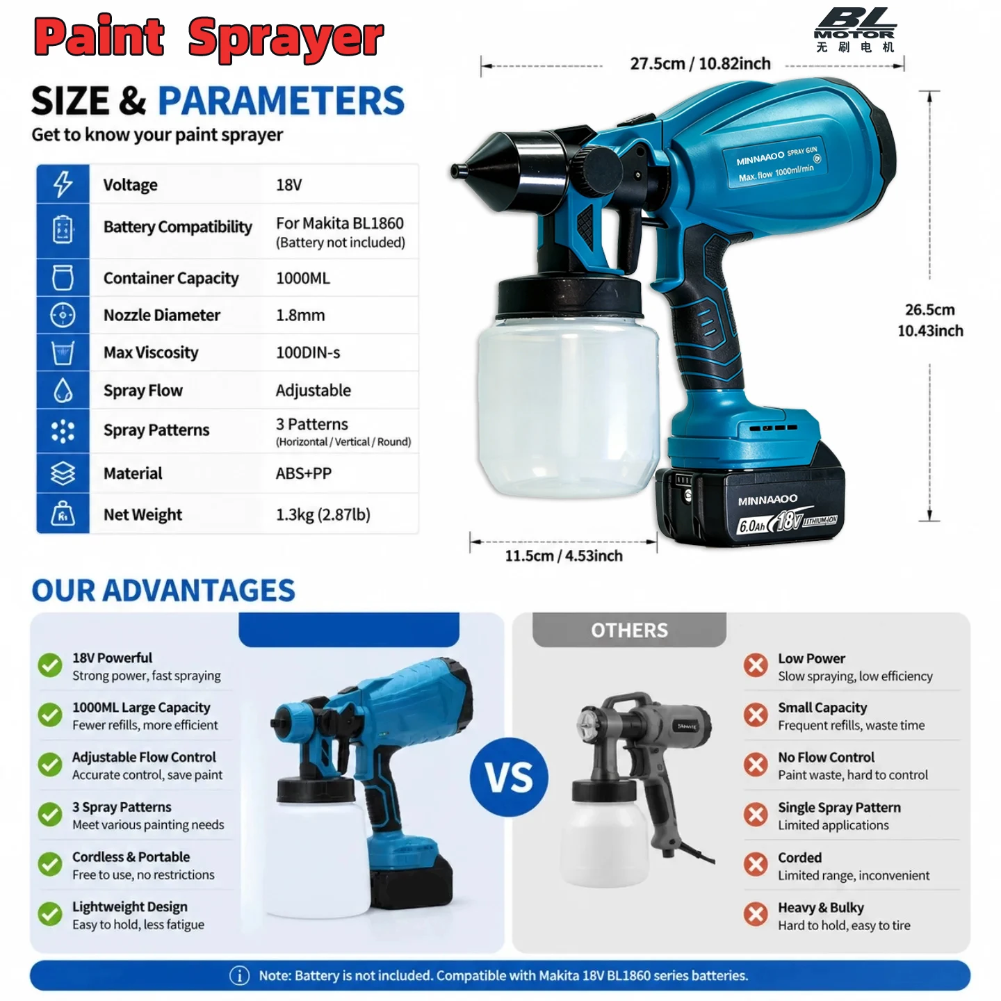 For Makita 18V Lithium-Ion Battery,Identical to the original Makita Sprayer Paint Spraying Tools in terms of functionality