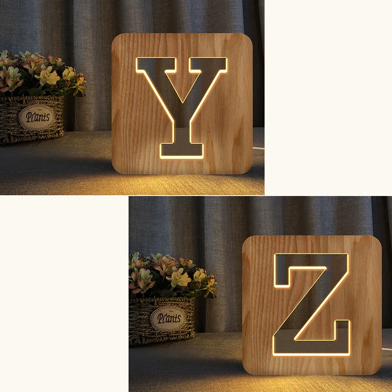 26 Letters A To Z USB Wood Led Night Light Novelty Kid Bedroom Wooded Hollow Carved Bedroom 3D Decoration Table Lamp Child Gift