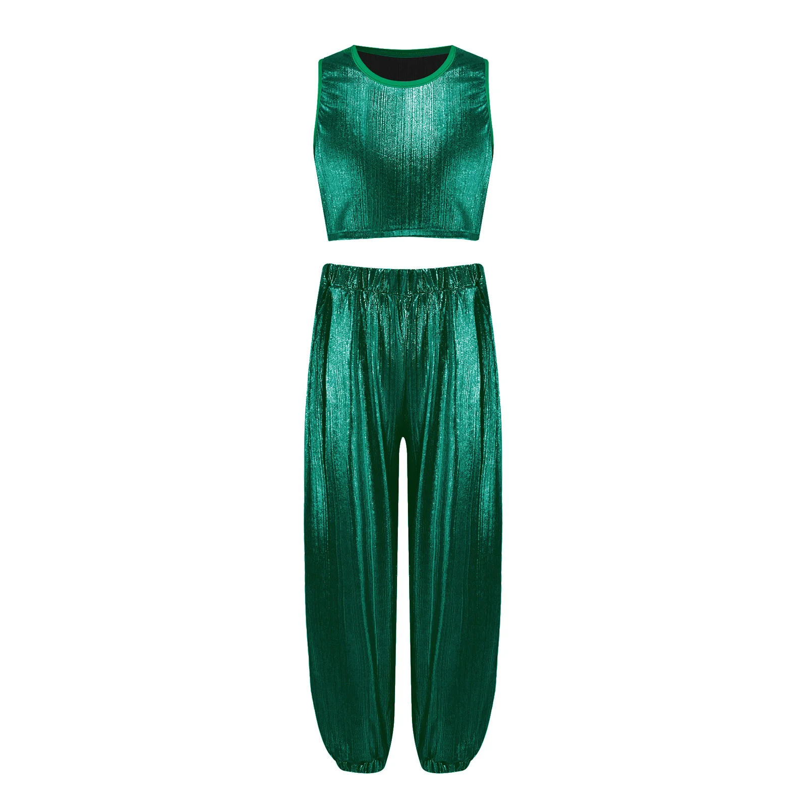 Kinder Mädchen Hip-Hop-Cheerleading-Auftritts-Kostüm Jazz-Tanz-Outfit Metallisch Geripptes Tanz-Outfit Ärmellose Weste mit Hose – Detail 10