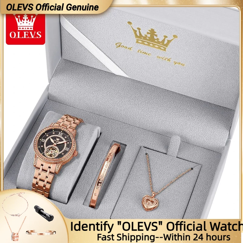 OLEVS 7036 Automatic Mechanical Watch for Ladies Blue Starry Sky Flywheel Dial Ladies' Watch Necklace Set Gift