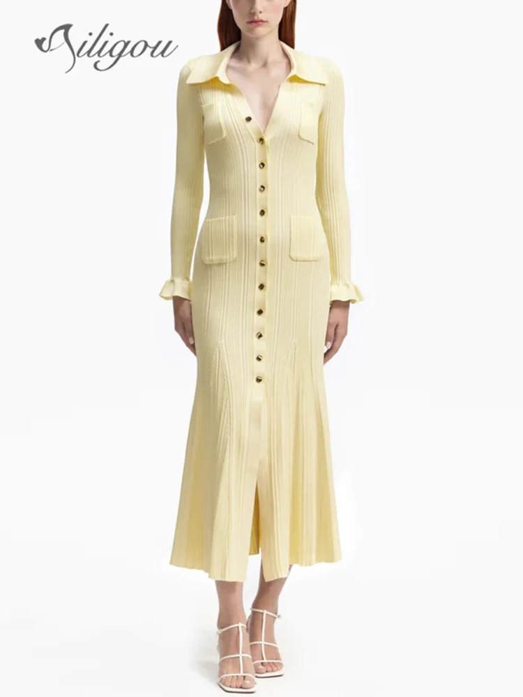 

Ailigou 2024 New Summer Women's Yellow Button Lapel Elastic Ribbed Knitted Sexy Tight Midi Dress Elegant Celebrity Party Dress