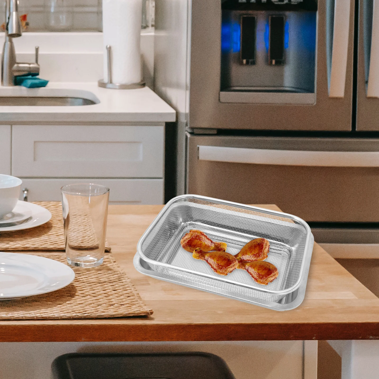 

1Set Stainless Steel Oil Drain Basket Mirror Finish Rectangular Baking Sheet Cooling Rack Kitchen Oil Drain Plate