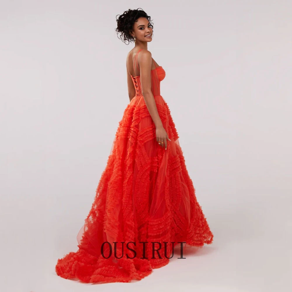 OUSIRUI Exquisite Spaghetti Strap Evening Gowns Tulles Floor Length Orange Sexy Backless Communication Dresses вечернее платье