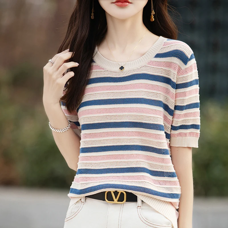 Frauen T-shirt Sommer 100% Baumwolle Pullover Kurzarm Gestreifte Gestrickte Rundhals Damen Tops Lose Bluse Pullover Hohl Tees