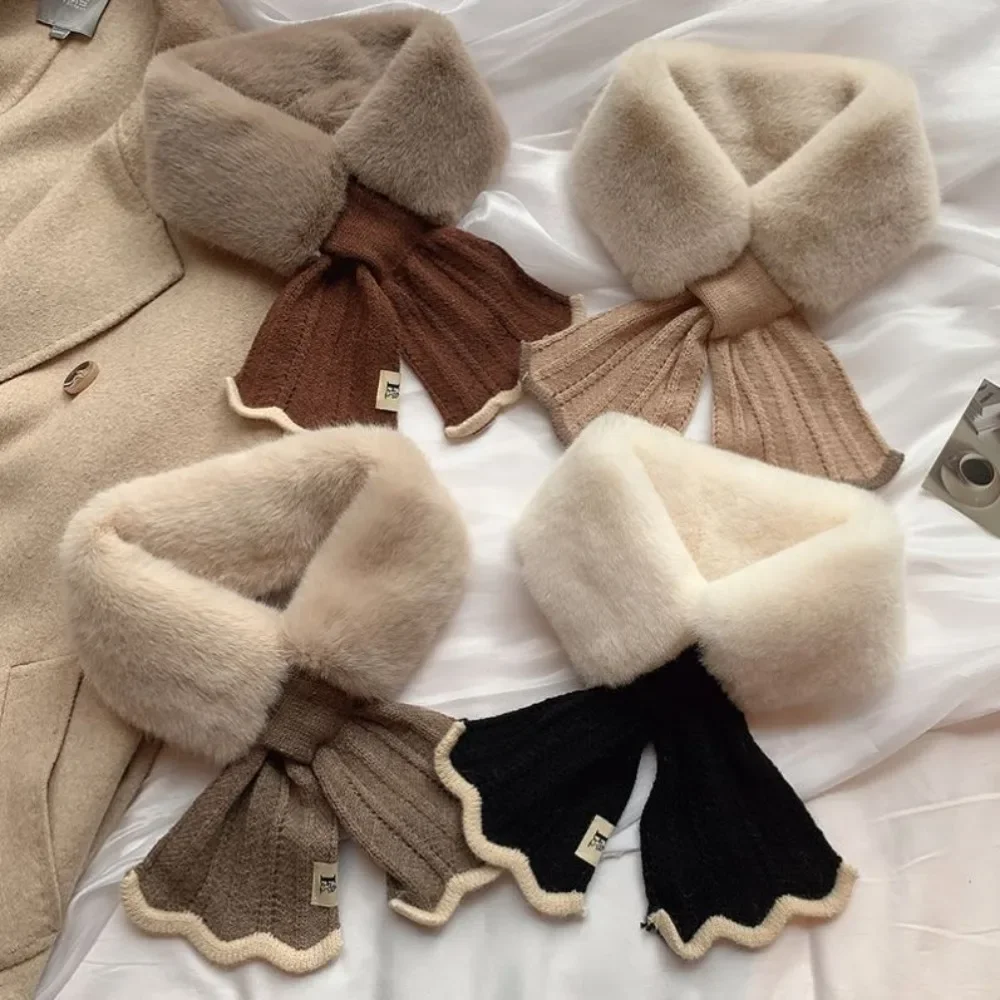 Winter Plush Scarf Woman Thick Fish Tail Wool Knit Cross Fur Collar Outdoor Cycling Neck Protect Cervical Spine Warm Scarve