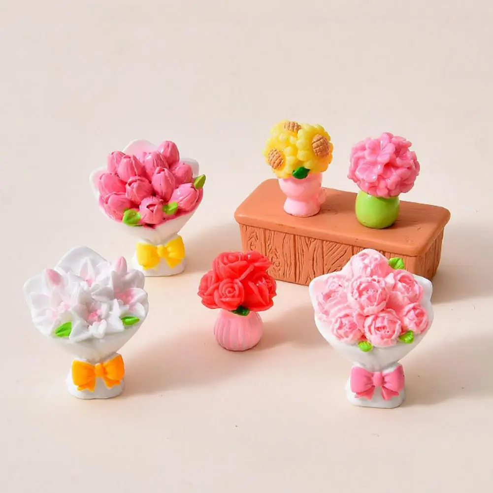 Figurine Mini Flower Bouquet Miniature Dollhouse Flower Bouquet Set Artificial Resin Rose Tulip Sunflower Diy Garden Bonsai