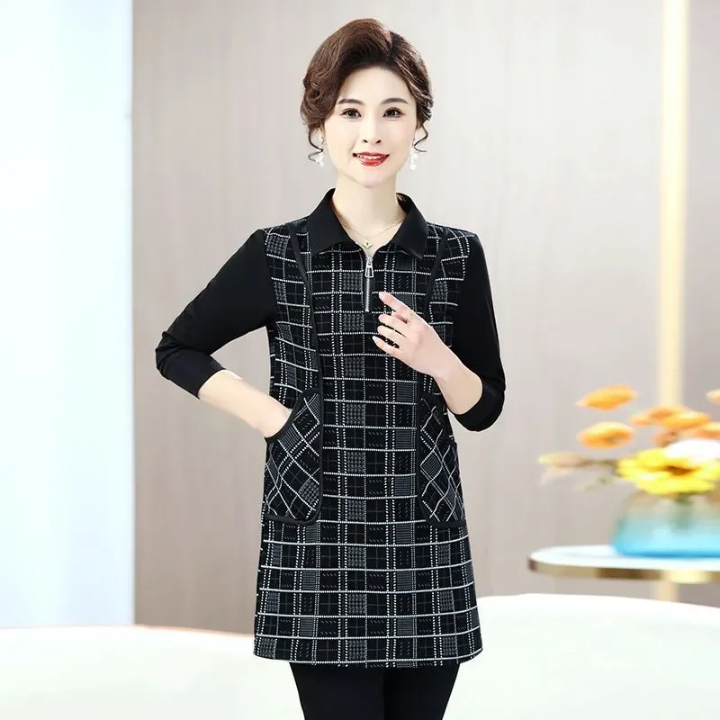 Women Plaid Mid Length Top Autumn Elegant Loose Hide Belly Mom Long Sleeve Casual Pullover