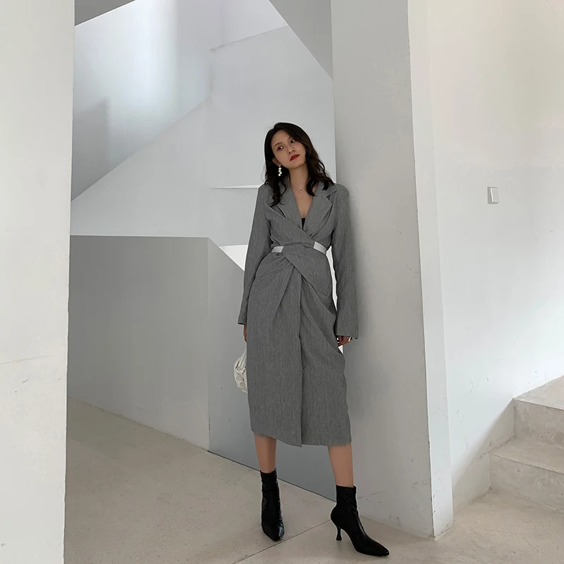 

SuperAen 2022 Spring New Gray V-neck Waist Long Slim Straight Casual Mid-Calf Dresses for Women